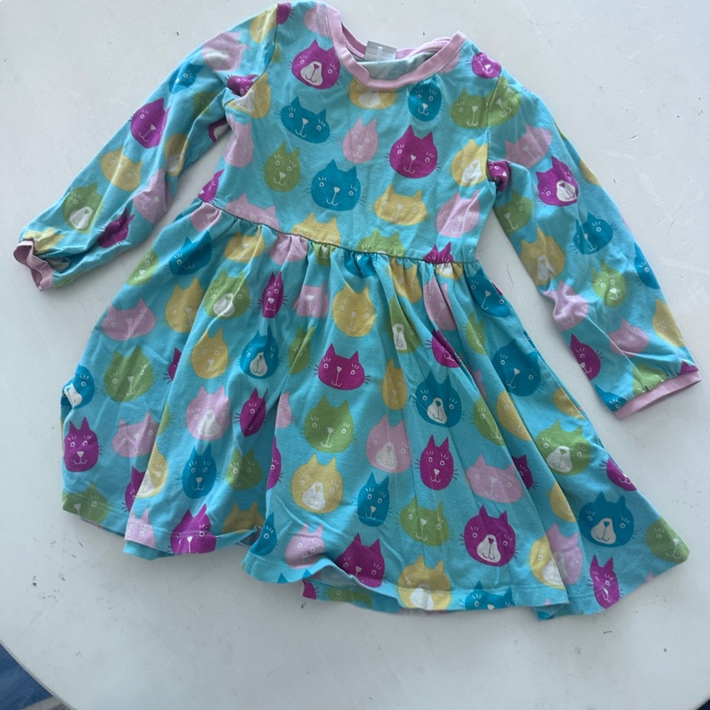 Polarn O. Pyret Cat print Green cotton long-sleeved dress